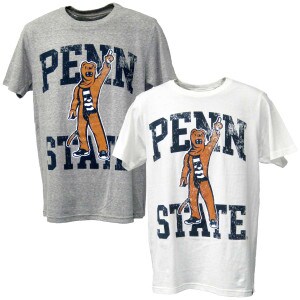 heather gray and white short sleeve t-shirts with distressed screen print Nittany Lion Mascot in front of Penn State
